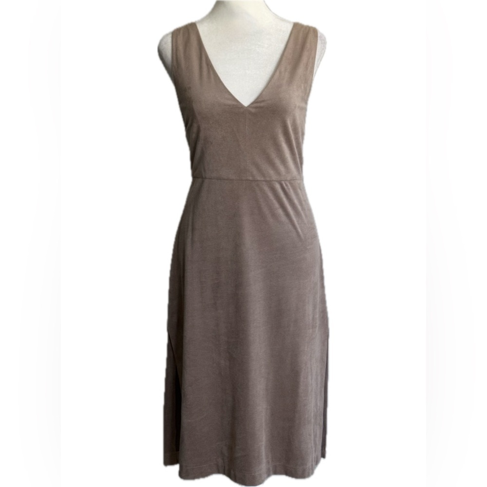 BCBGMaxAzria Women’s V-neck Side Slits Faux Suede Taupe Midi Dress